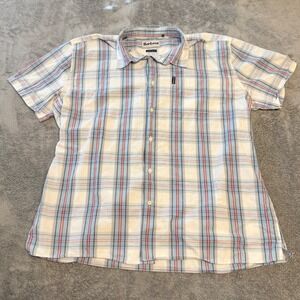 Barbour Mens‎ Short Sleeve Plaid Button Down Shirt Red White Blue Regular Fit L